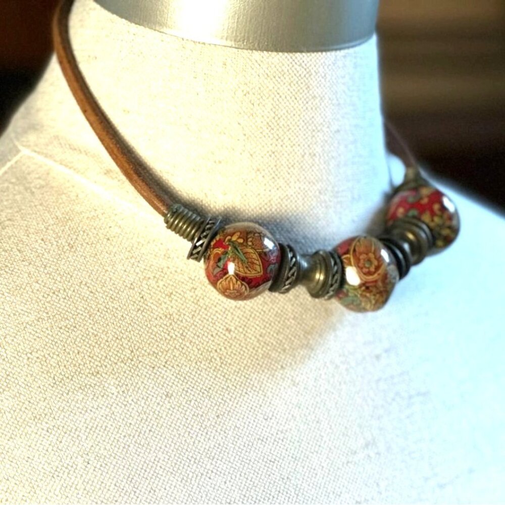 Vintage Boho Ceramic Necklace, Leather Cord Choker - Picture 3 of 6